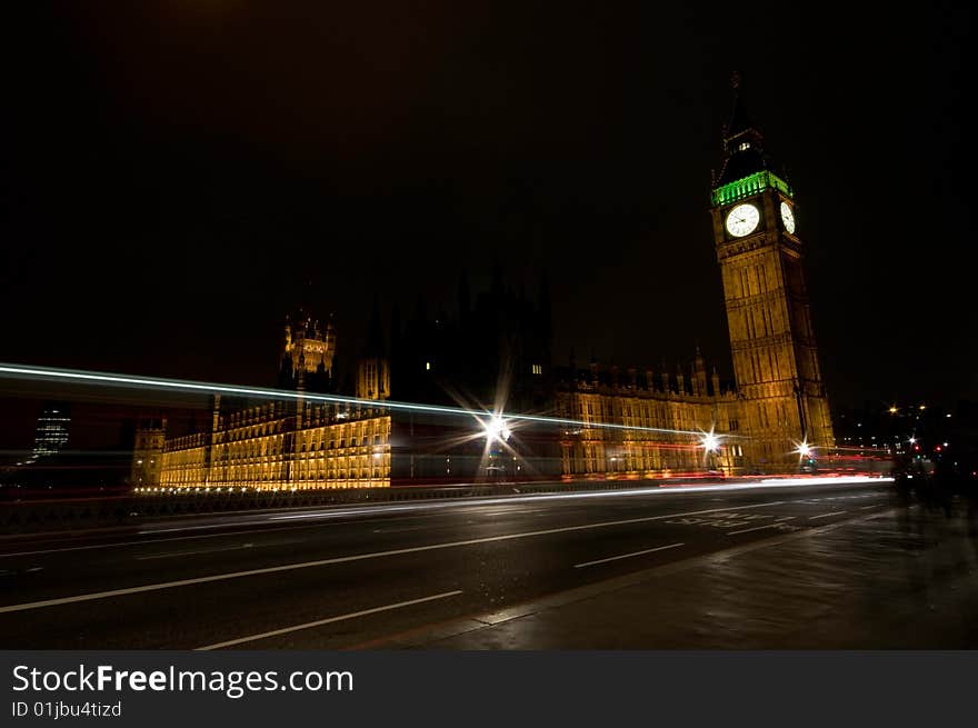 Light trails infront of Big Ben