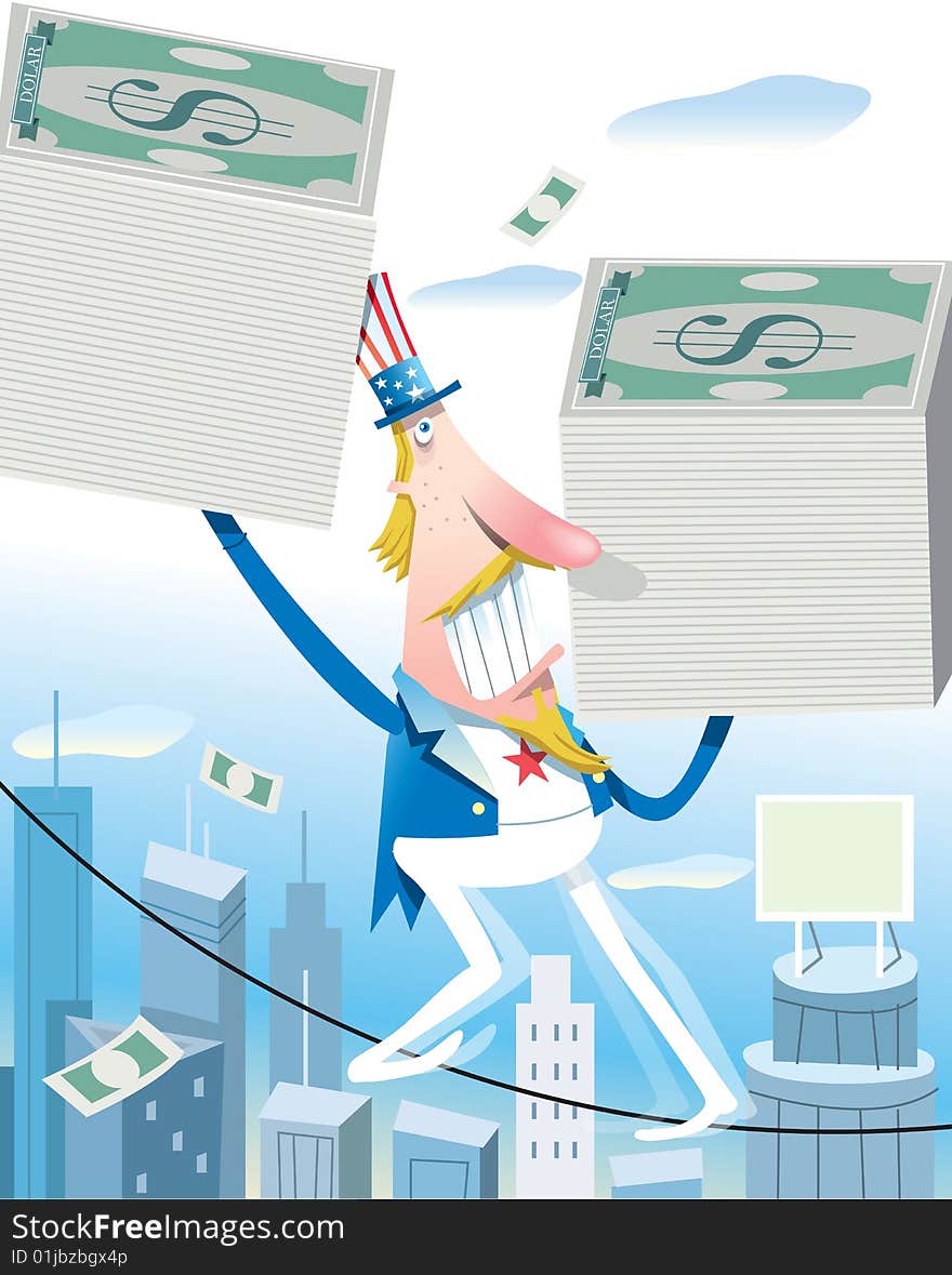 Uncle sam walking on a suspended line with dollars on each hand. Ideal to illustrate a business topic. Uncle sam walking on a suspended line with dollars on each hand. Ideal to illustrate a business topic.