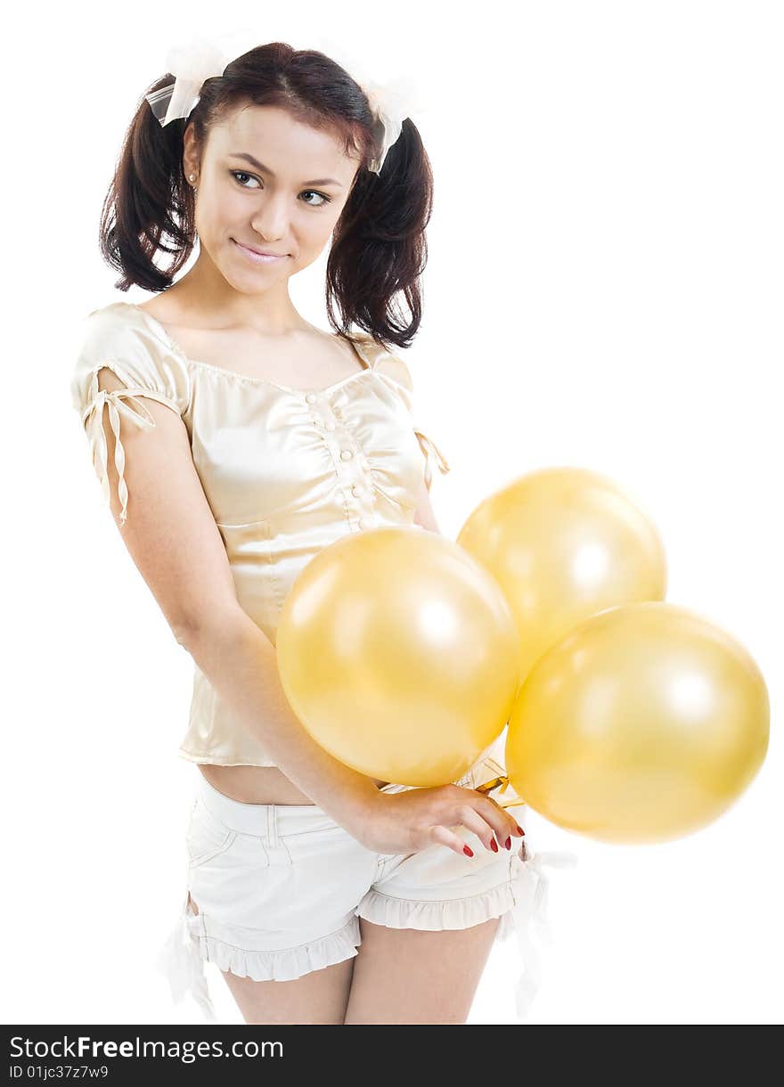 Beautiful young girl with balloons isolated on white background