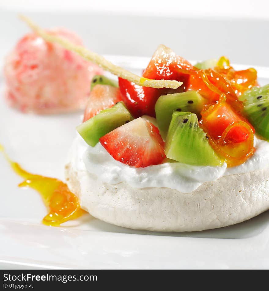 Meringue with Fruit and Strawberry Sorbet. Meringue with Fruit and Strawberry Sorbet