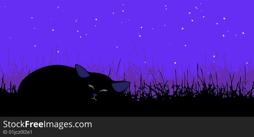 Sleeping cat in the grass, vector illustration