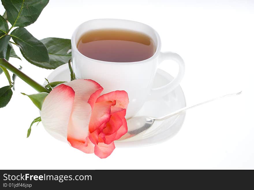 Close-up rose and cup of tea, isolated on white. Close-up rose and cup of tea, isolated on white