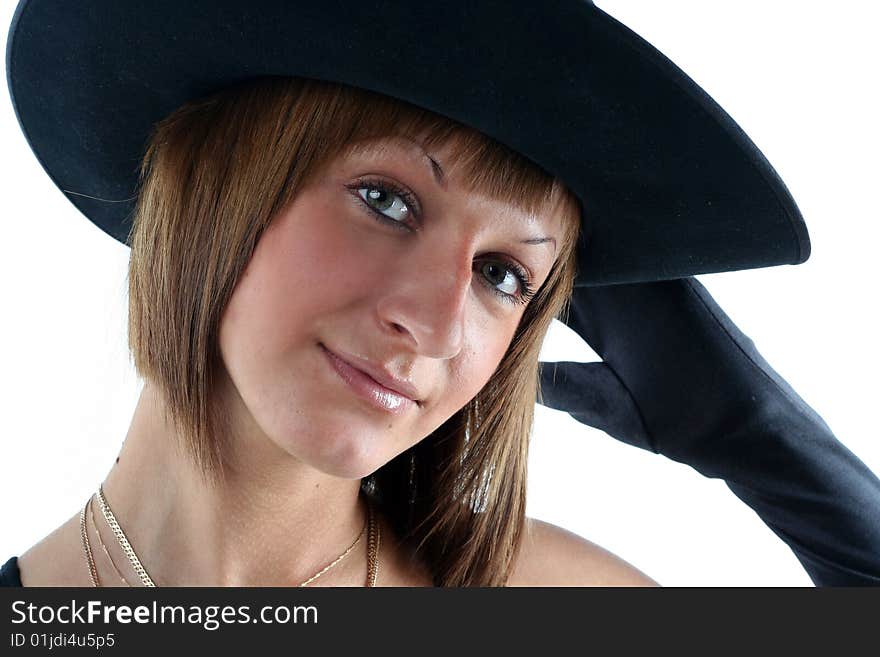 Lovely young woman in hat and gloves isolated on white background. Lovely young woman in hat and gloves isolated on white background