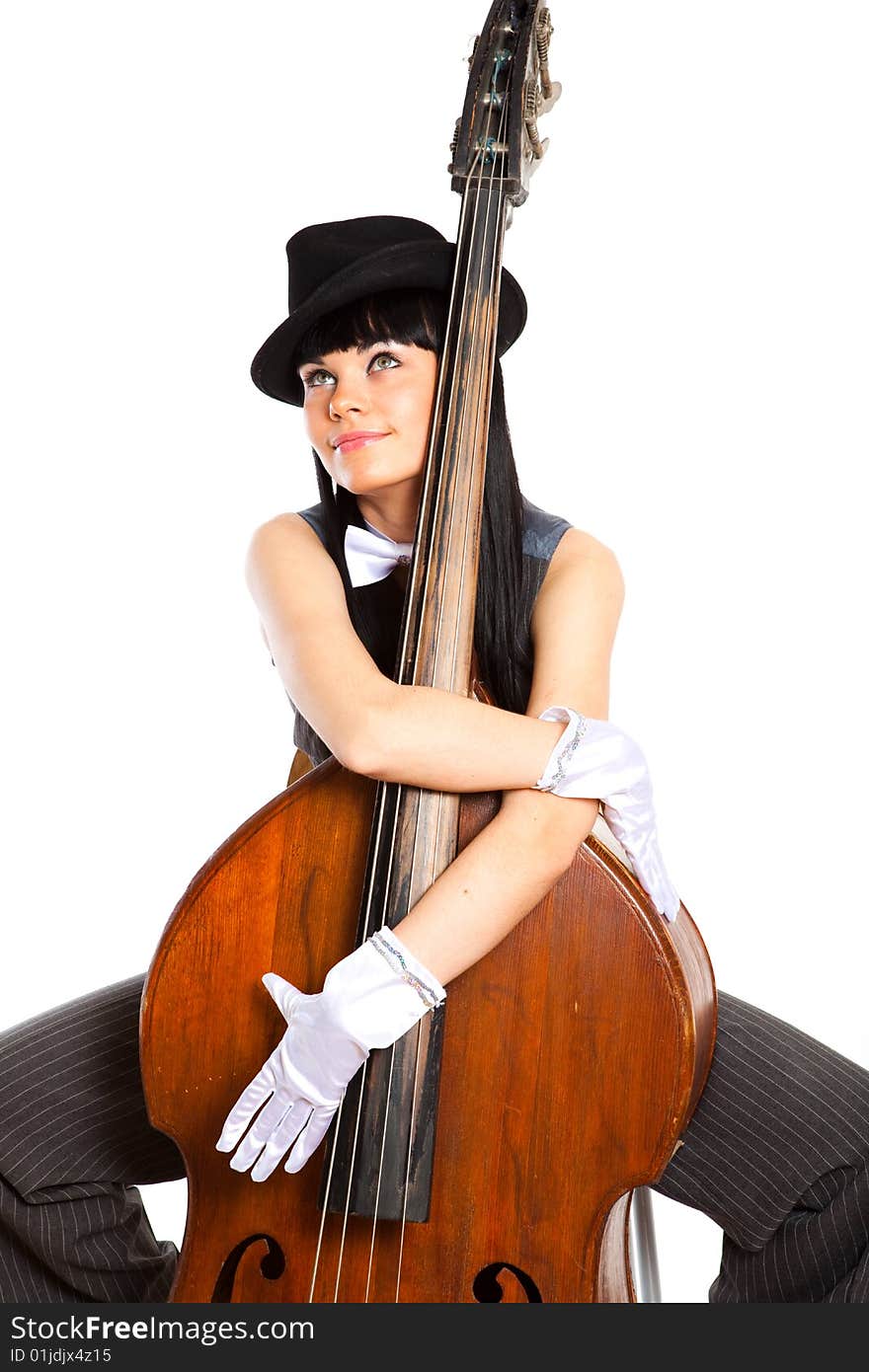 Young beautiful brunette with old contrabass