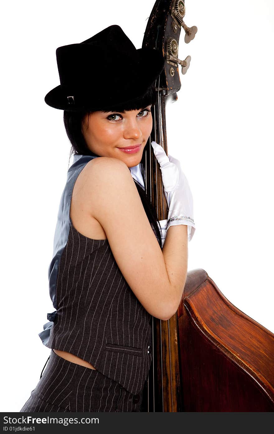 Young beautiful brunette with old contrabass