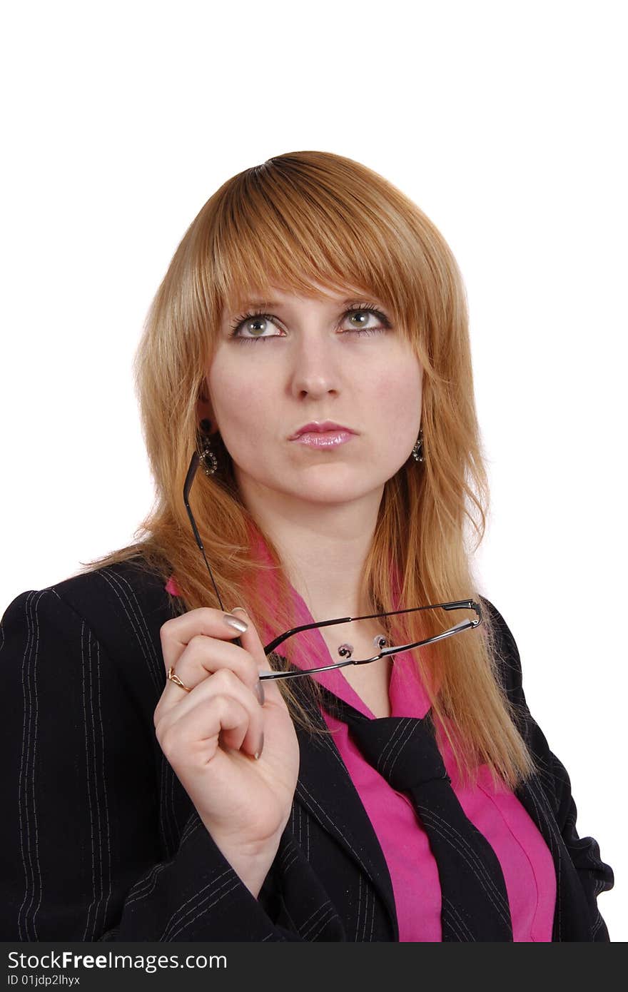 Successful business woman is thinking about something. Beautiful girl wear glasses. Business lady. Isolated over white background. Successful business woman is thinking about something. Beautiful girl wear glasses. Business lady. Isolated over white background.