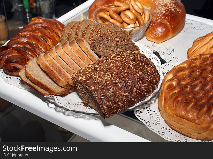 Assortment of bread presented at competition of cooks