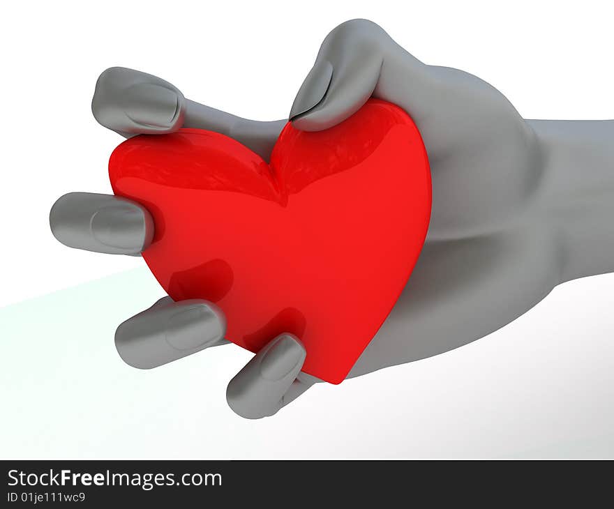 Abstract 3d illustration of red heart in hand isolated over white