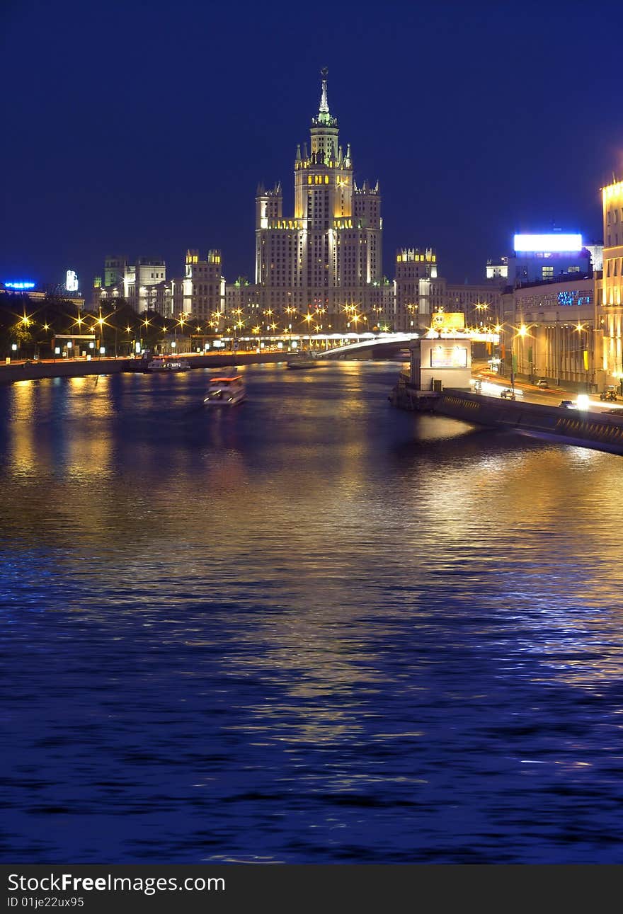 Quay Moscow river. View on hotel Ukraine. Night scene