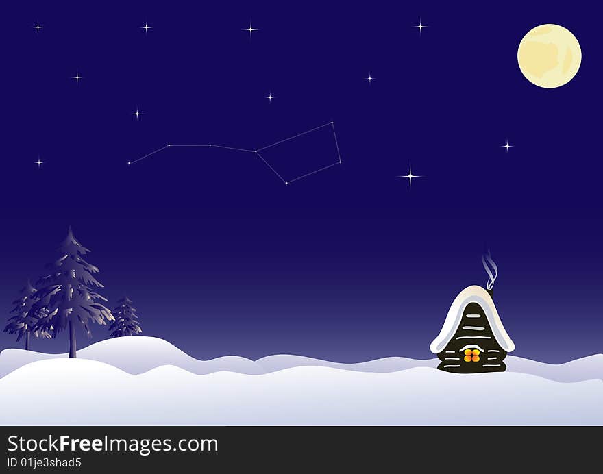 Winter snowy landscape with moon and house background. Winter snowy landscape with moon and house background