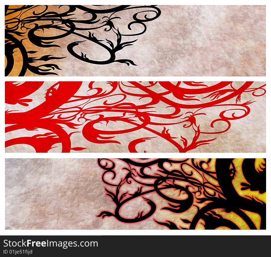 Grunge sepia brown rough banners with floral swirls. Grunge sepia brown rough banners with floral swirls