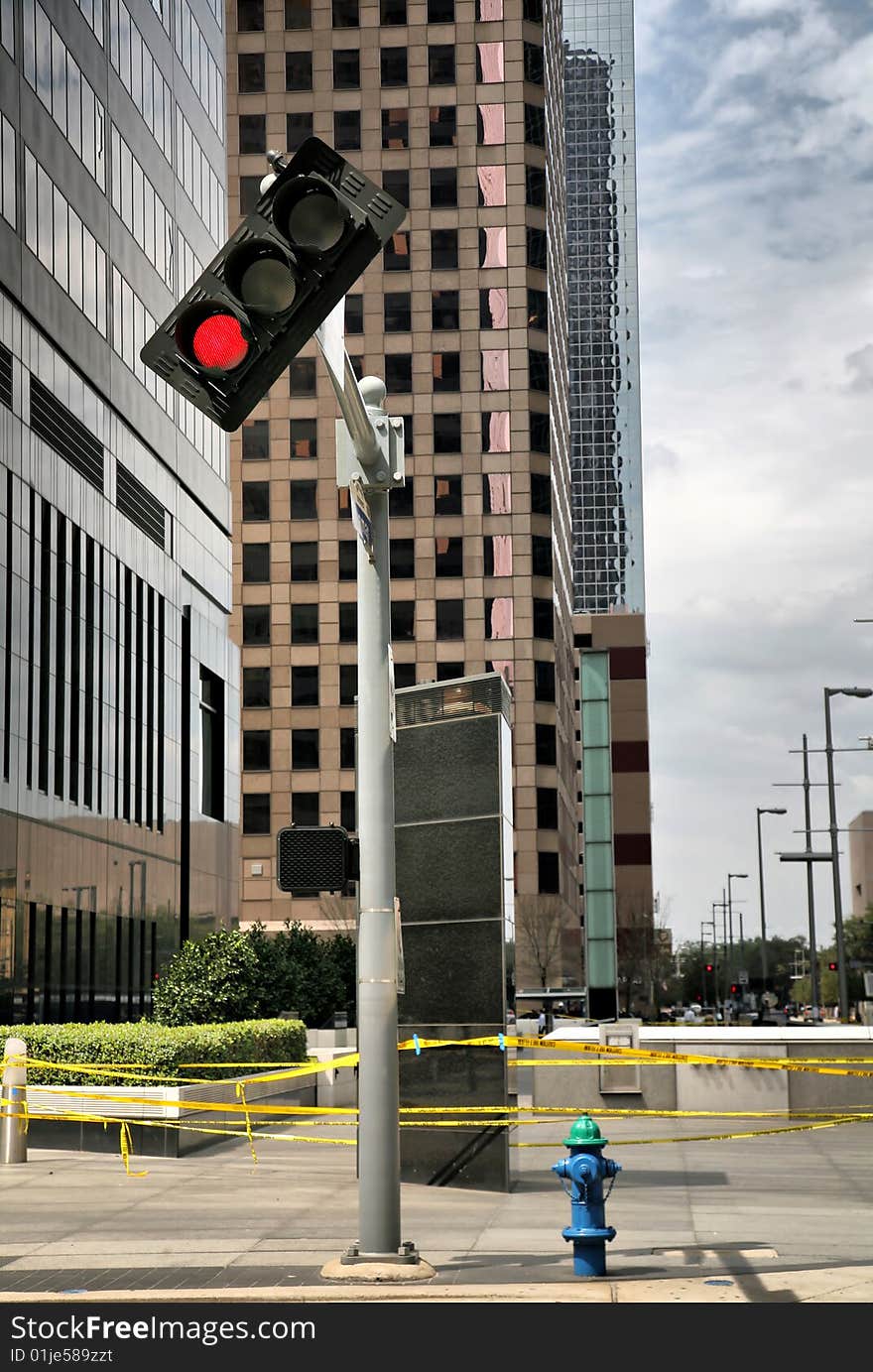 Traffic Light Stuck on Red Bent at 45 degree angle by Hurricane Ike in Houston