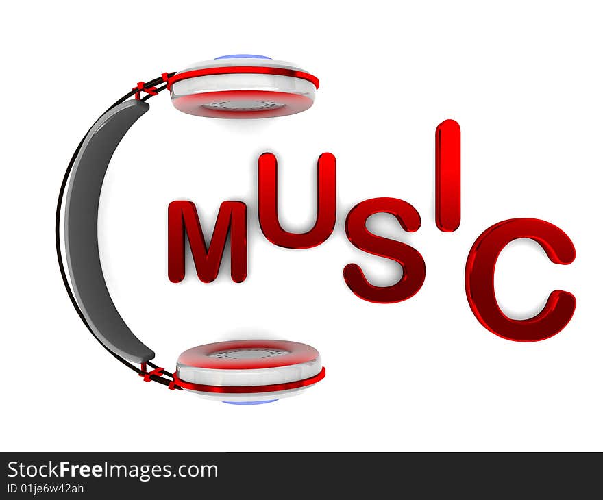 Abstract 3d illustration of headphones and 'music' sign. Abstract 3d illustration of headphones and 'music' sign