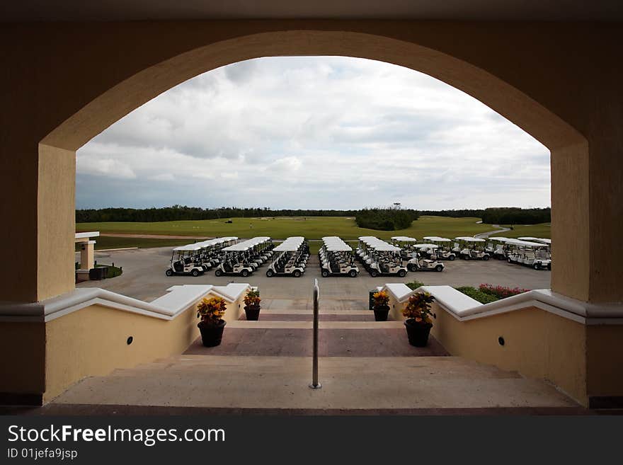 Golf carts in a Cancun resort