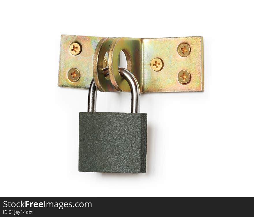 Locked padlock hanging with hinges on white background