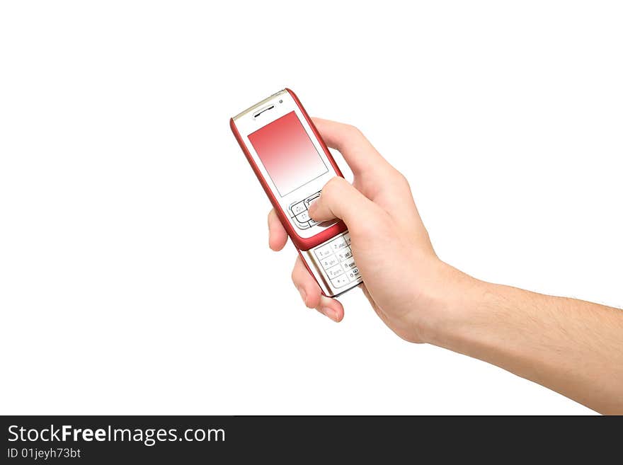 Hand holding red cell phone. Hand holding red cell phone