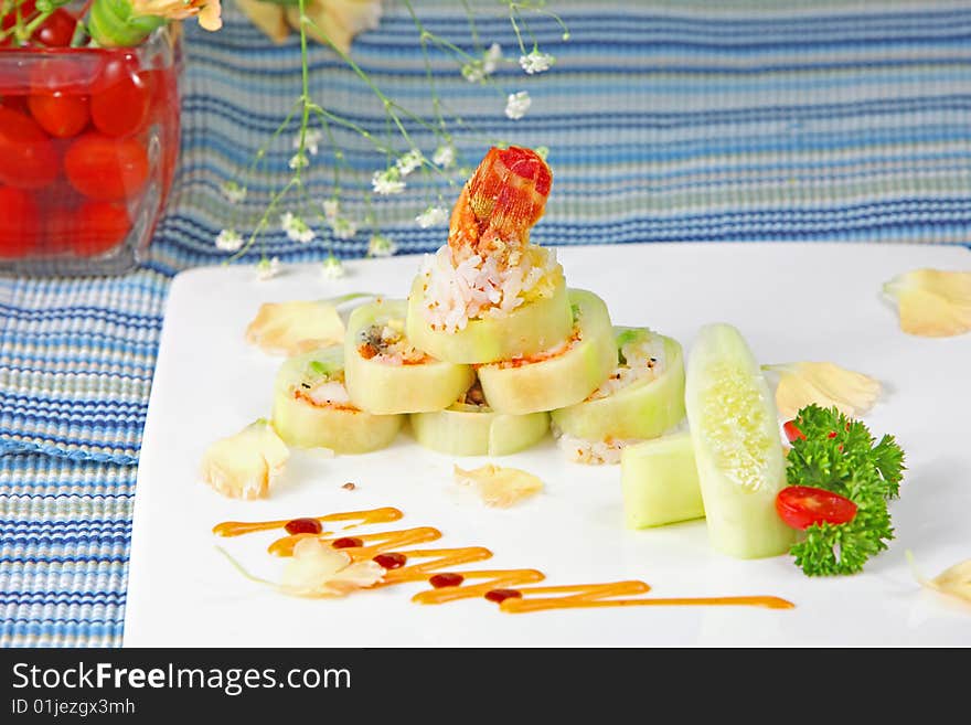 Special sushi roll made by sliced cucumber. Special sushi roll made by sliced cucumber