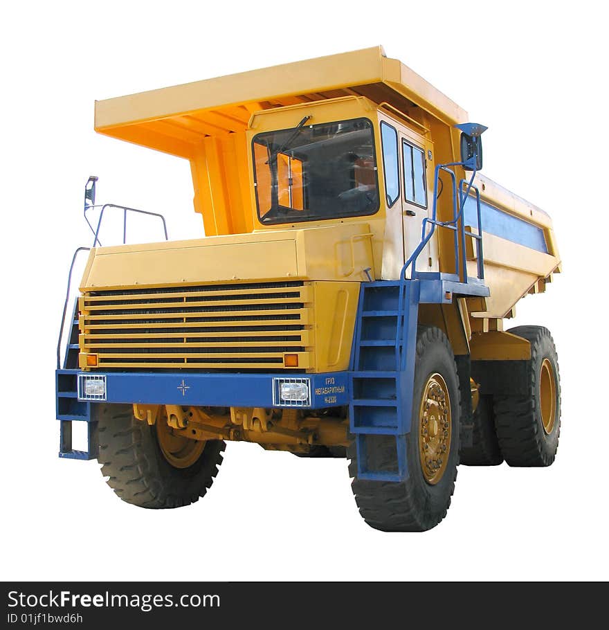 The big yellow machine with a body on a white background. The big yellow machine with a body on a white background