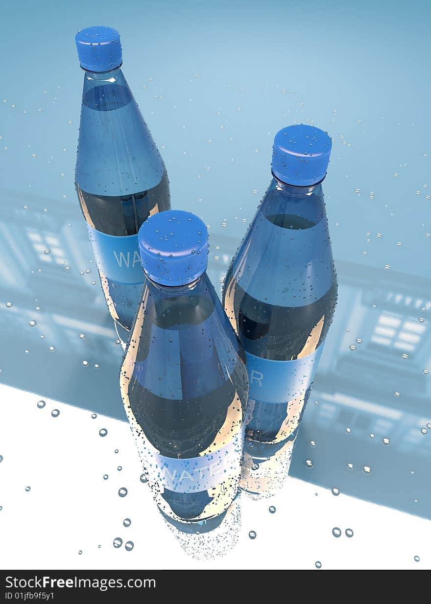 Bottles with mineral water on blue background. Bottles with mineral water on blue background