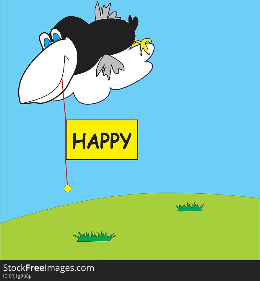 Happy crow rests on a cloud with a congratulatory poster