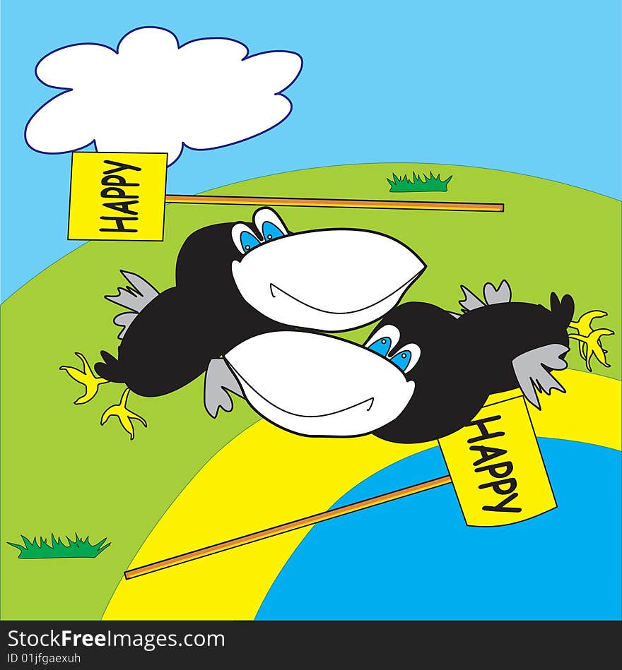 Two happy crows lie on the shore with a congratulatory posters