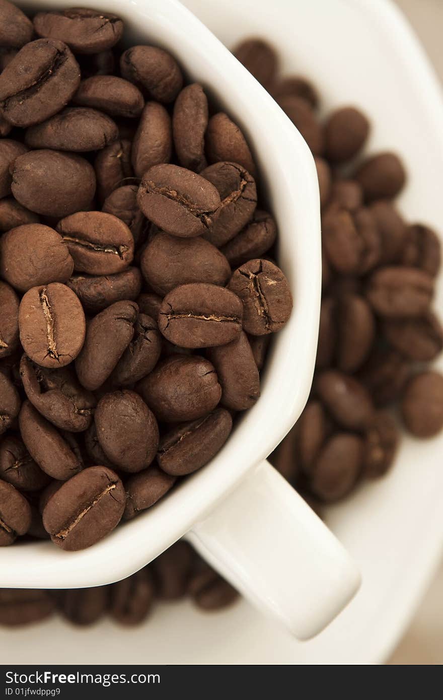 Coffee cup filled with coffee beans, and coffee beans scattered over a plate. Coffee cup filled with coffee beans, and coffee beans scattered over a plate