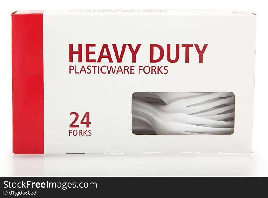 24 count blank label box of plastic forks over white.
