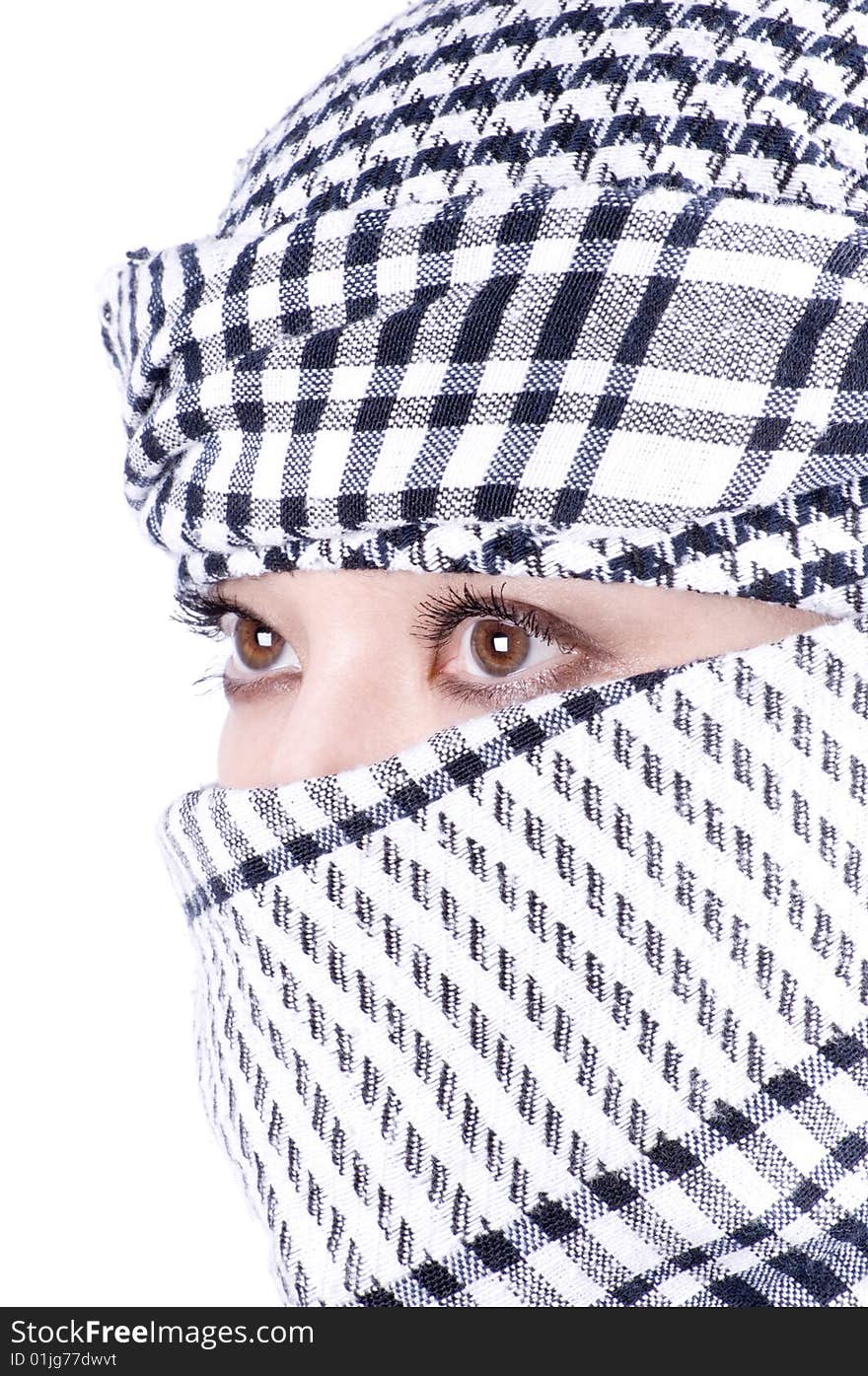 Closeup portrait of pretty arabic woman with headscarf