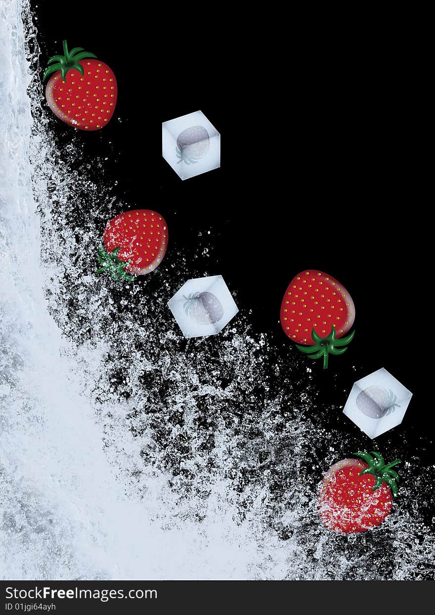 Ripe strawberries and frozen strawberries in the water current. Ripe strawberries and frozen strawberries in the water current