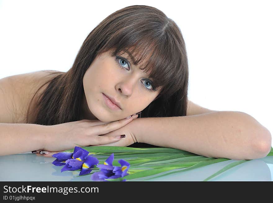 Portrait young girl with blue flowers