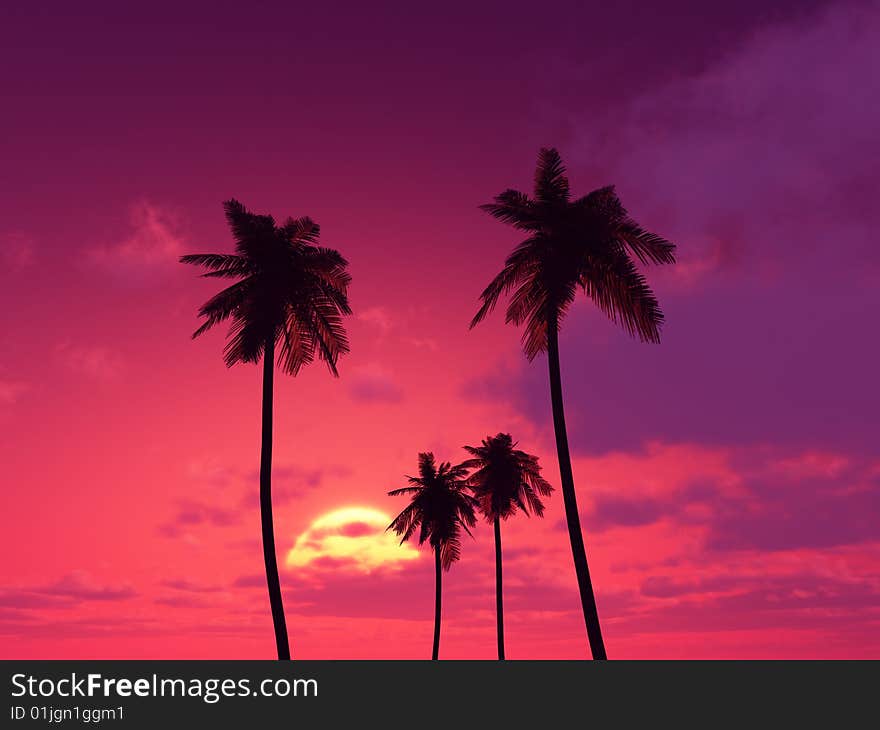 Beautiful sunset with palms. 3d image