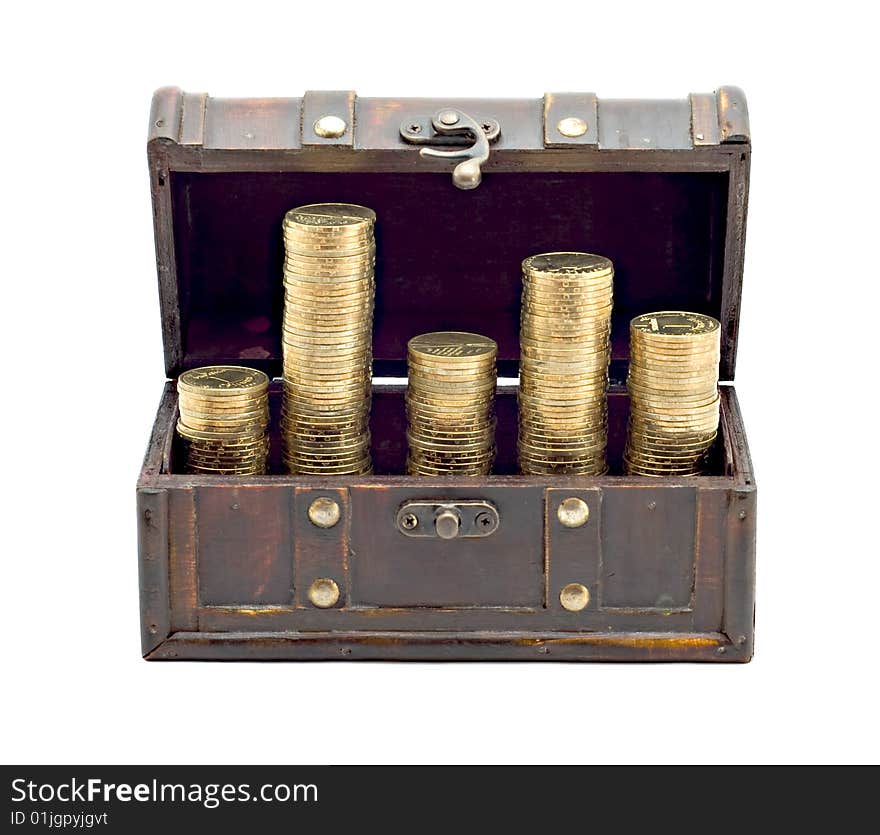 Wooden chest with coins inside isolated. Wooden chest with coins inside isolated