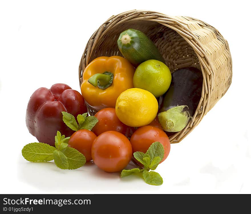 Basket from which vegetables  pepper, eggplant and tomatoes. Basket from which vegetables  pepper, eggplant and tomatoes