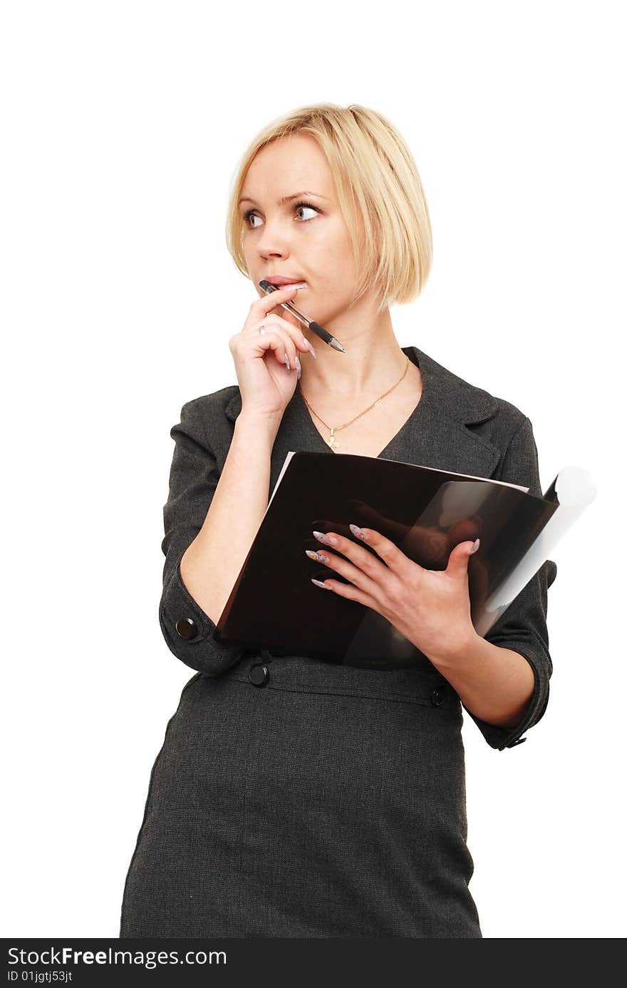 Blonde thinking to solve problems on a white background. Blonde thinking to solve problems on a white background