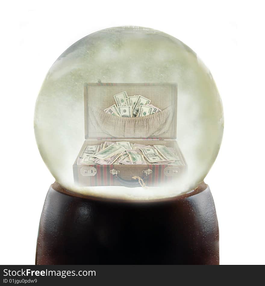 Vintage suitcase full of one hundred dollar bills and fifty dollar bills US currency in a crystal ball or snowglobe. Vintage suitcase full of one hundred dollar bills and fifty dollar bills US currency in a crystal ball or snowglobe.