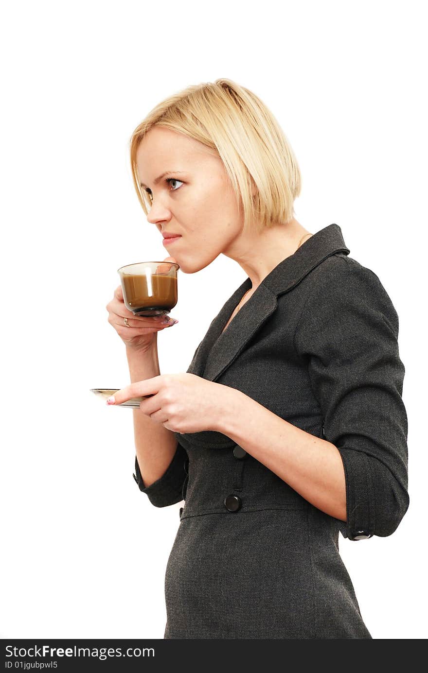 Blonde angrily drink coffee on a white background. Blonde angrily drink coffee on a white background