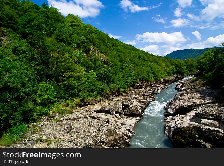 Summer mountain landscape with river. Summer mountain landscape with river