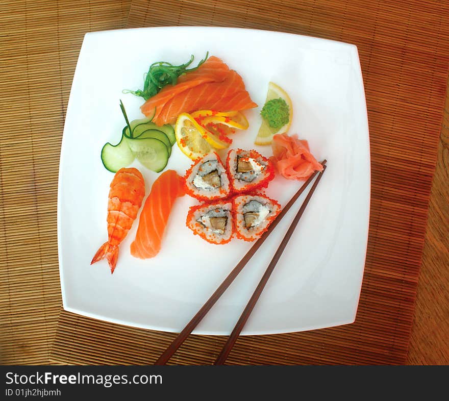 Sushi roll on a bright background