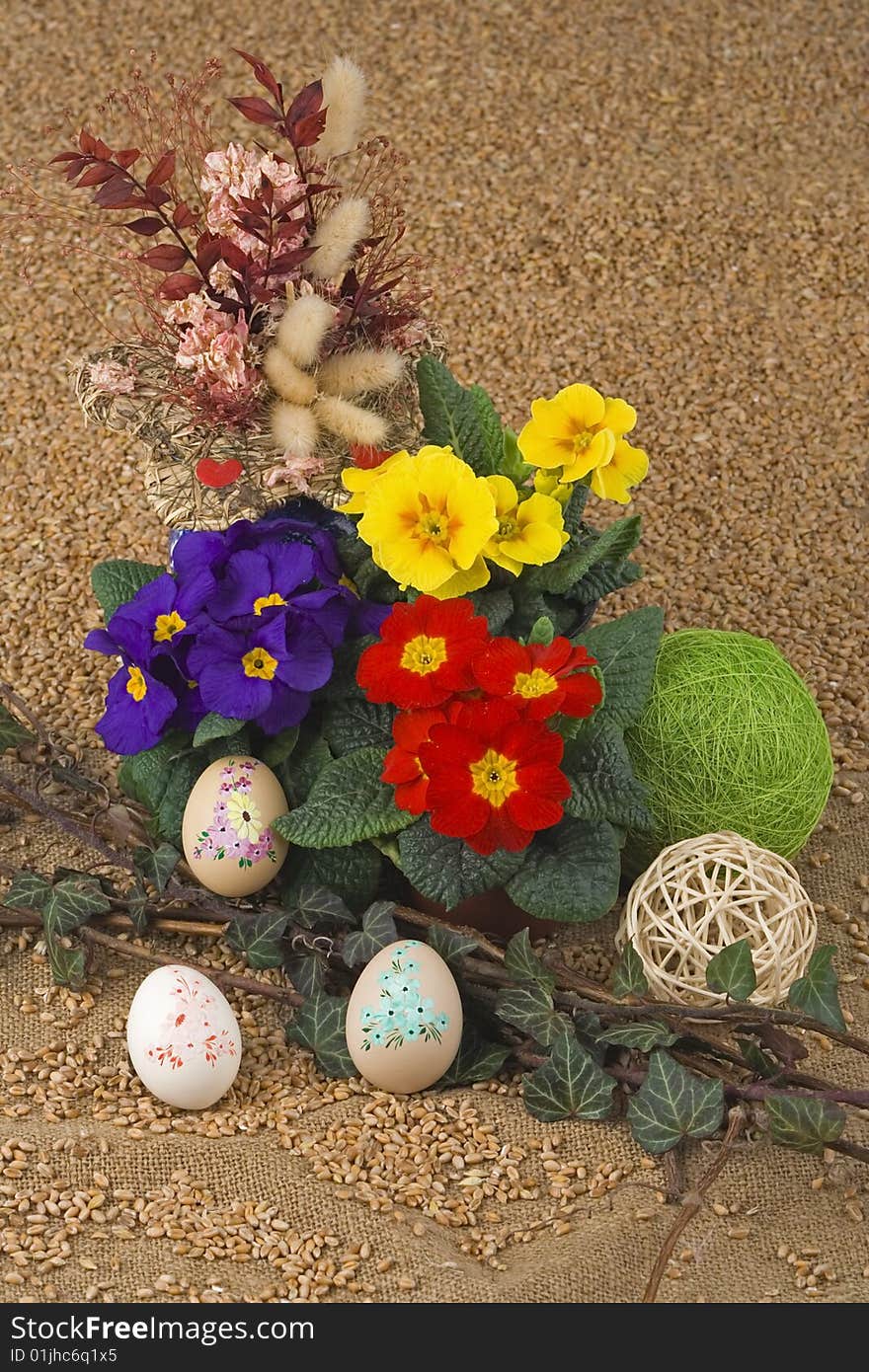 Easter decoration with primrose,Easter egg against a background from corn. Easter decoration with primrose,Easter egg against a background from corn.