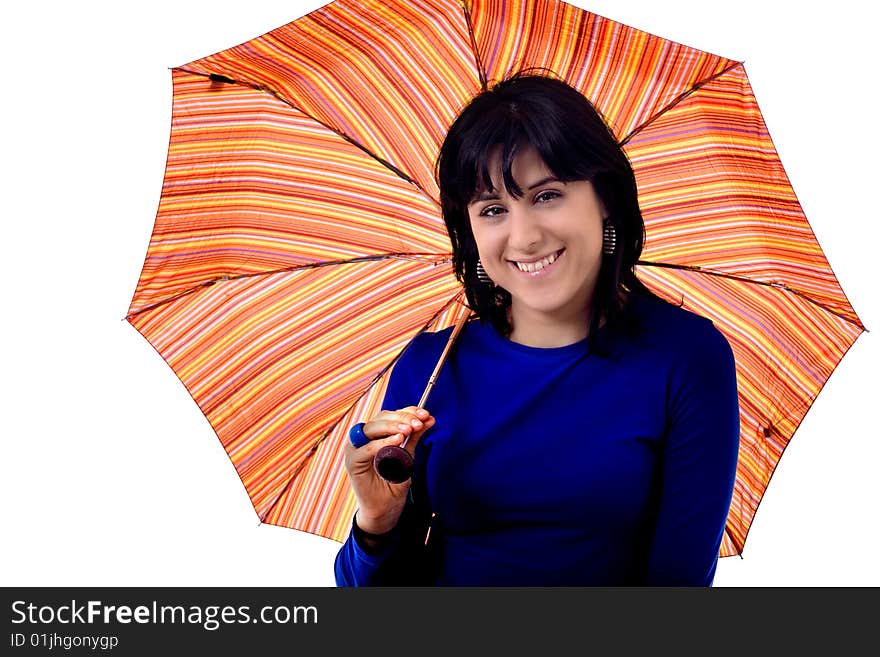 Young woman and umbrella white isolate