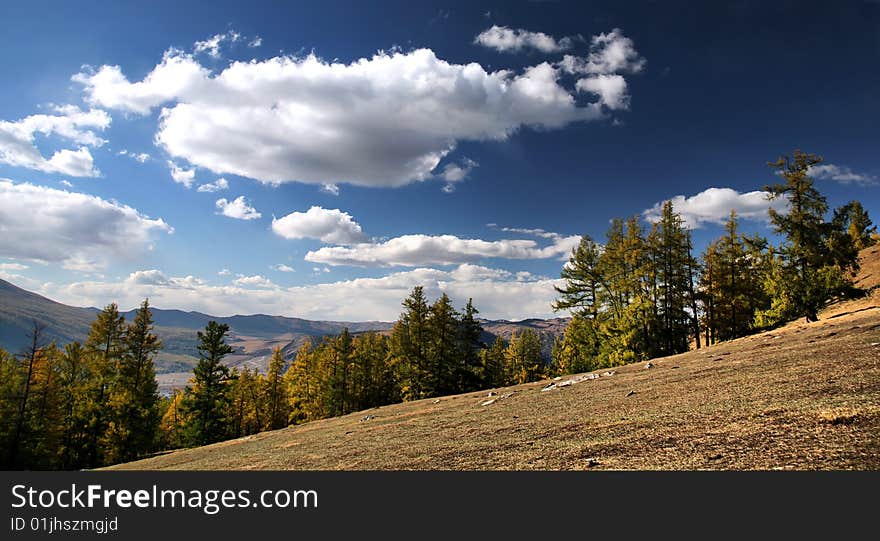 Autumn landscape, blue sky with white clouds and pasture. Autumn landscape, blue sky with white clouds and pasture.