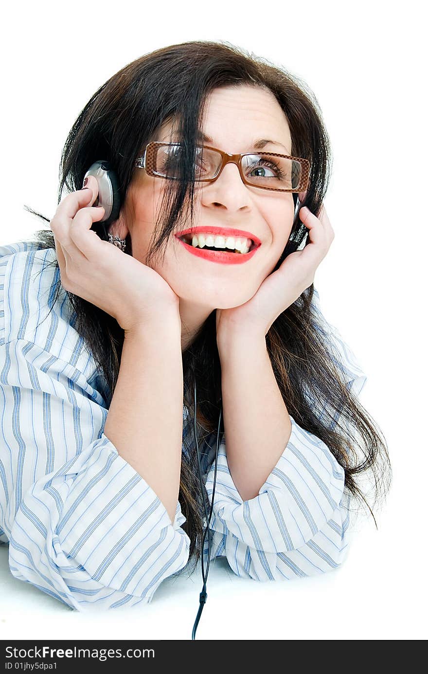 Smiling young woman with head phone on white. Smiling young woman with head phone on white