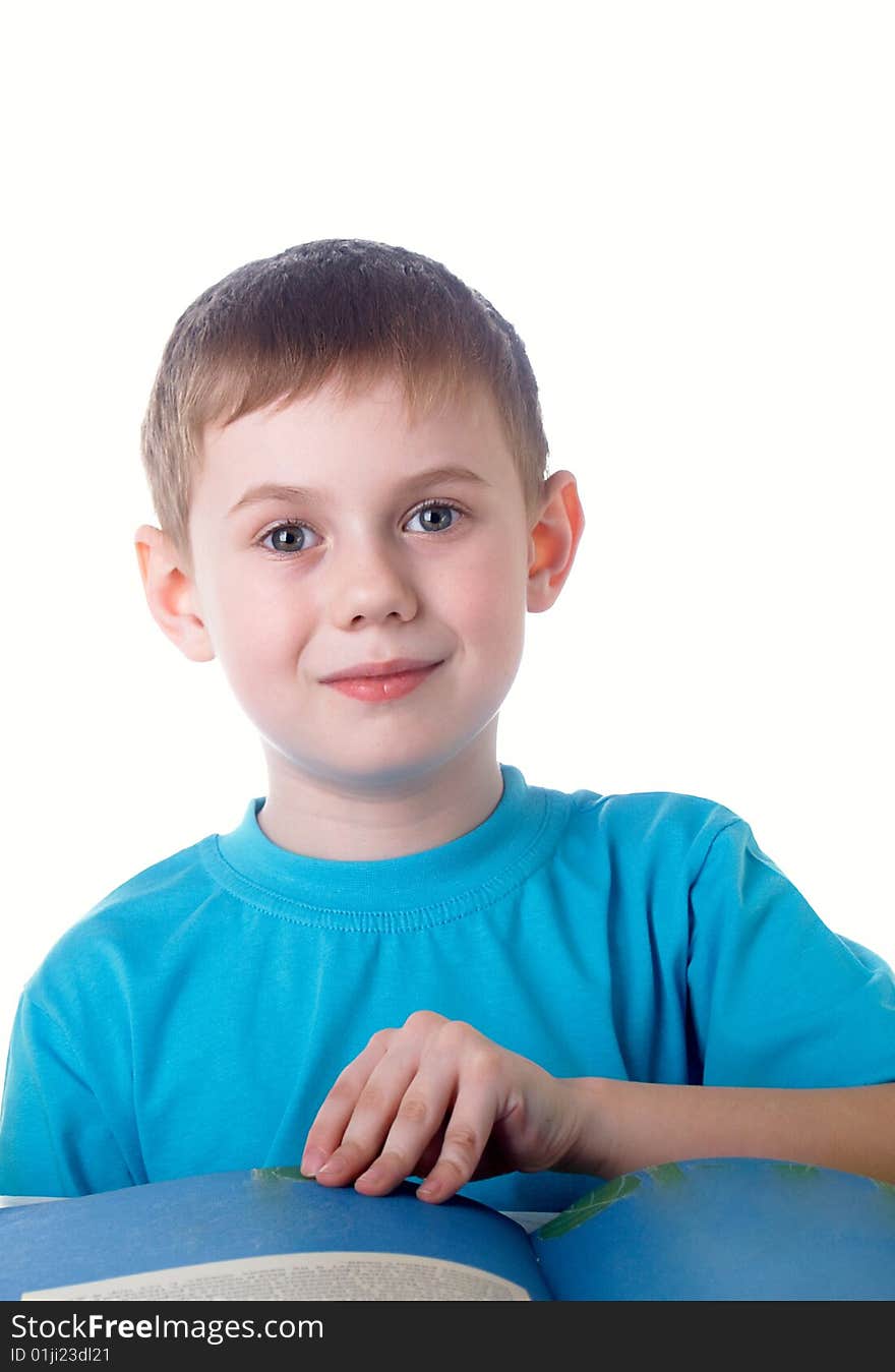 The boy with books on the white background