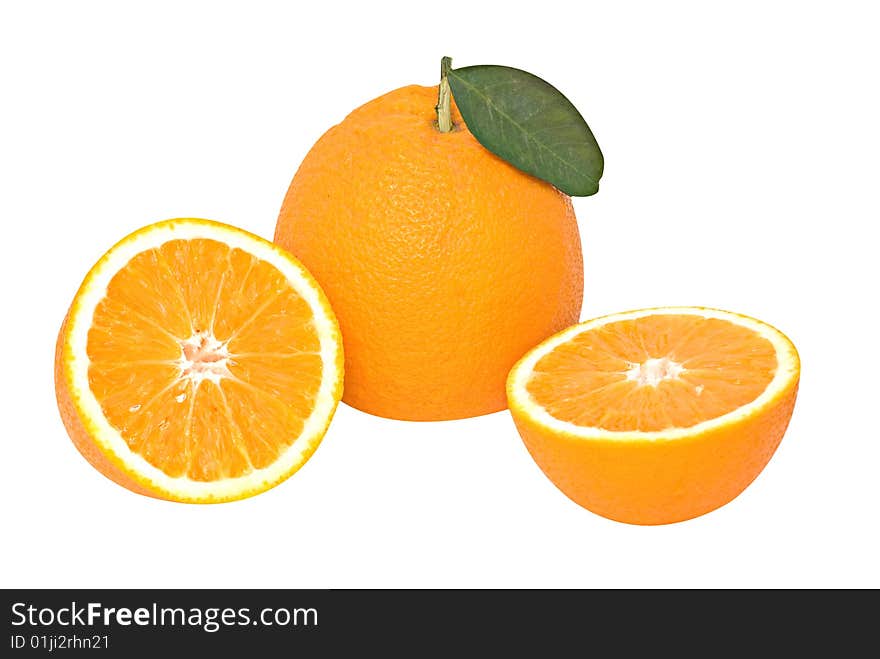 Oranges and its sections isolated on white background