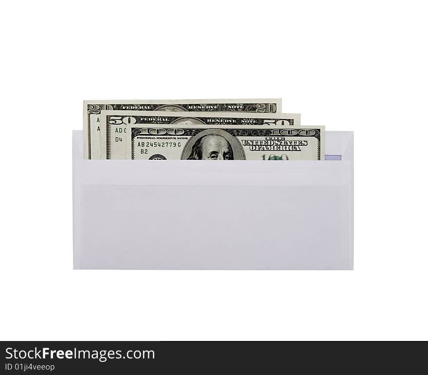 American dollars are in an envelope on white. American dollars are in an envelope on white