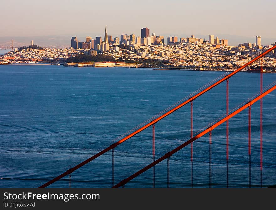 San Francisco and Golden Gate Bridge at sunset. San Francisco and Golden Gate Bridge at sunset