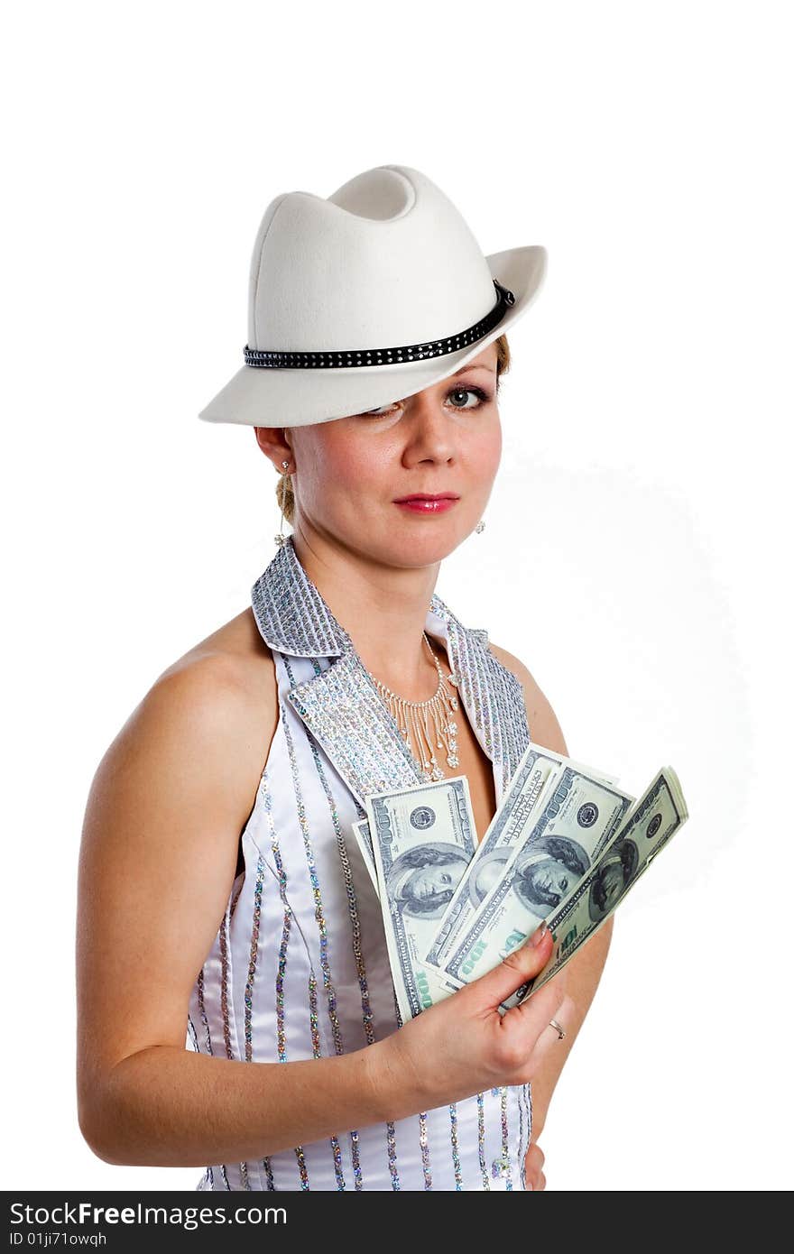 Young pretty woman in white hat and striped suit with money in hand