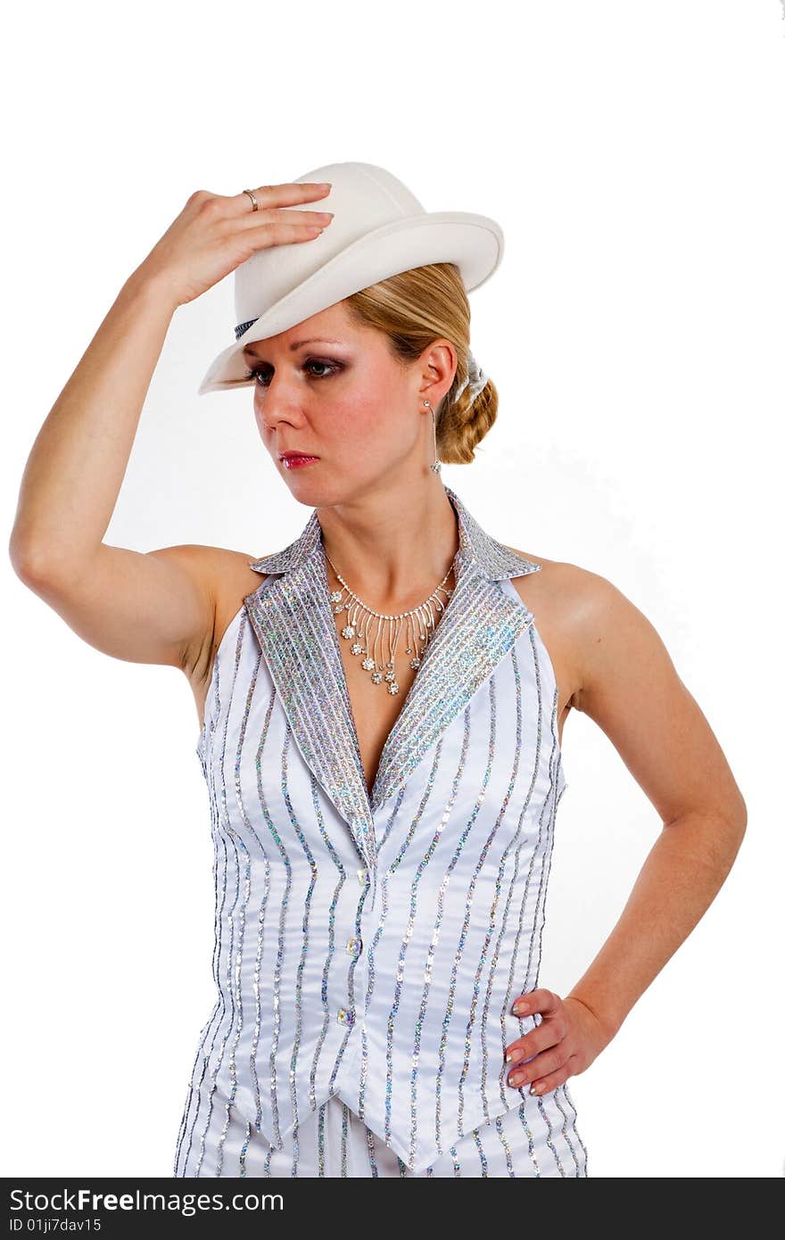 Young pretty woman in white hat and striped suit