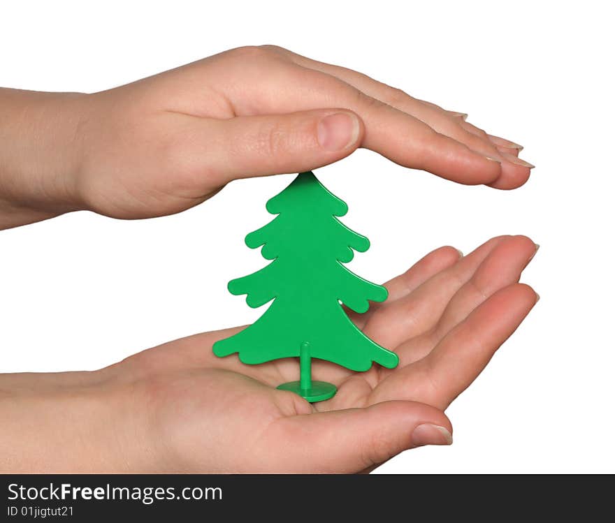 The Plastic tree in hand on white background. The Plastic tree in hand on white background.