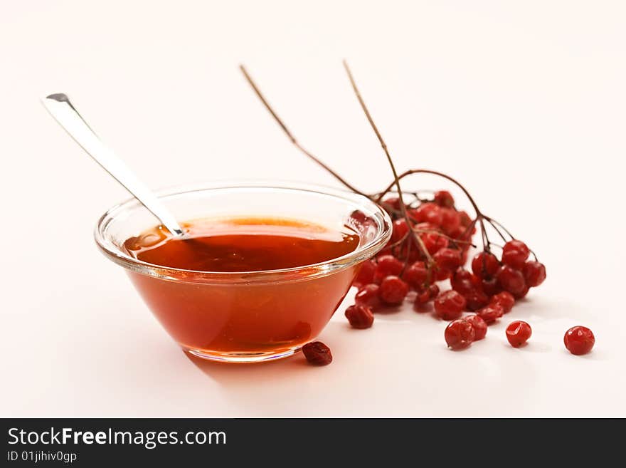 Food series: bowl with jam and viburnum  twig. Food series: bowl with jam and viburnum  twig